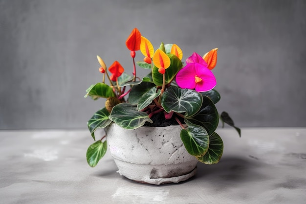 Houseplant growing in a concrete flowerpot with colorful blooms