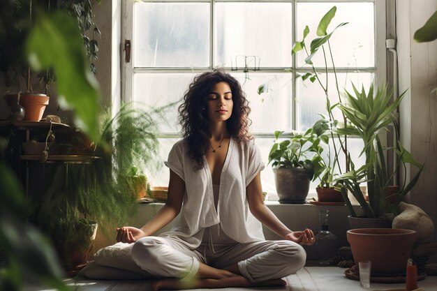 Houseplants benefit mental health and wellbeing Plant care is selfcare House plants can help with creating a sense of calm and wellbeing Woman meditating at home surrounded by indoor plants