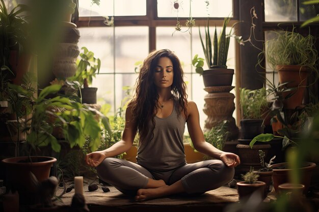 Houseplants benefit mental health and wellbeing Plant care is selfcare House plants can help with creating a sense of calm and wellbeing Woman meditating at home surrounded by indoor plants