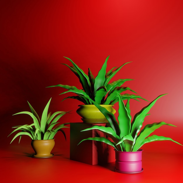 Houseplants in colored pots on a red background. Place for your text. 3d illustration