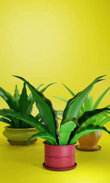 Houseplants in colored pots on a yellow background. Place for your text. 3d illustration