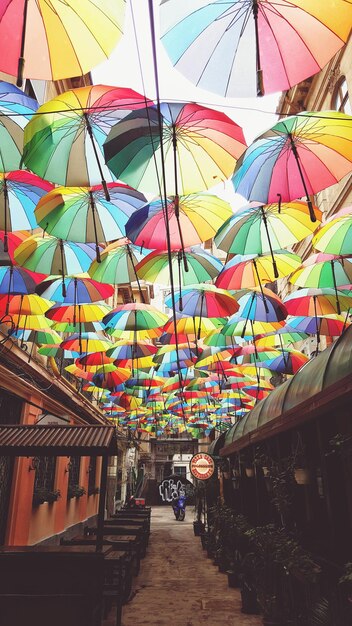 Houses against multi colored umbrellas