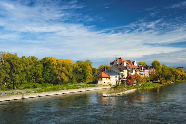 Houses along Danube River Regensburg Bavaria Germany