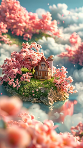 Houses and flowers flying in the air a fairy tale world