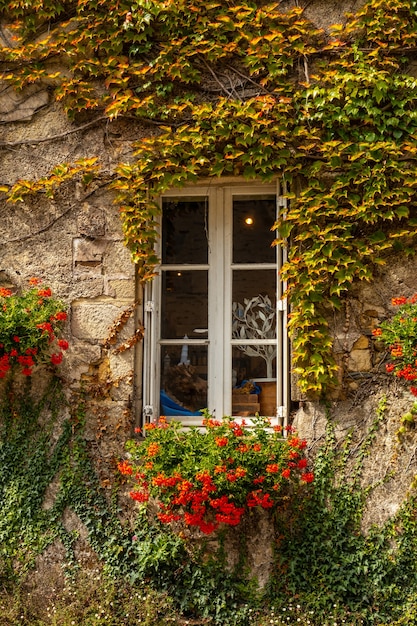 Houses full of green leaves in the medieval village of Rochefort-en-Terre, Morbihan department in the Brittany region. France