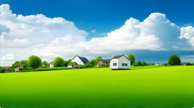 Houses on Green Grass Field under White Clouds generated by ai