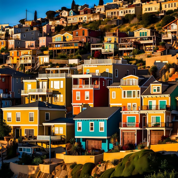 Photo houses on the hill in valparaiso with a beautiful sky