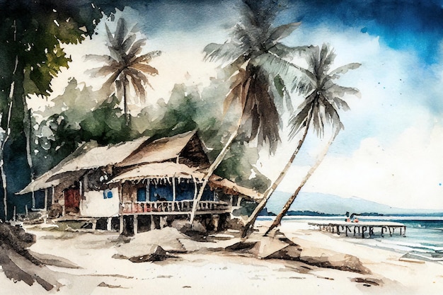 Houses near the beach watercolor