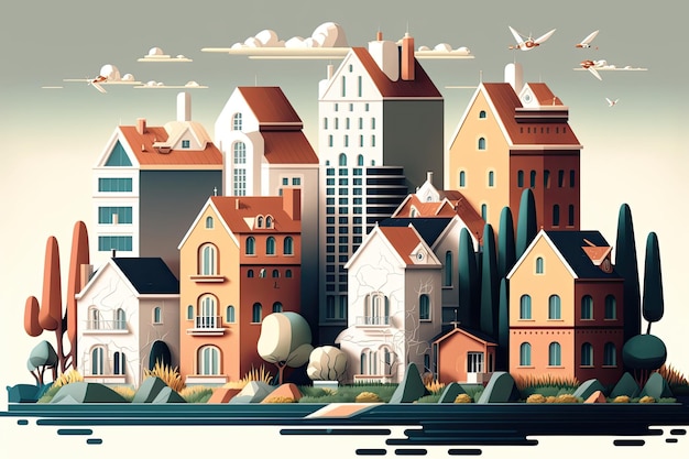 Houses and other buildings depicted as cartoons urban and suburban settings isolated Visualizations