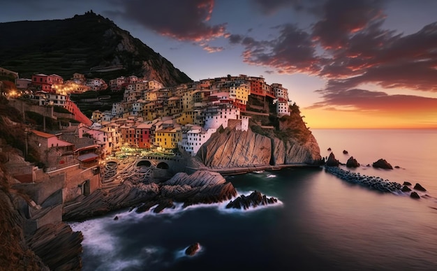 Houses on a rock Mediterranean sea on sunset Manarola Cinque Terre Italy Generative AI