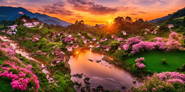 Houses with flowering trees and a river in the mountains at sunset dawn