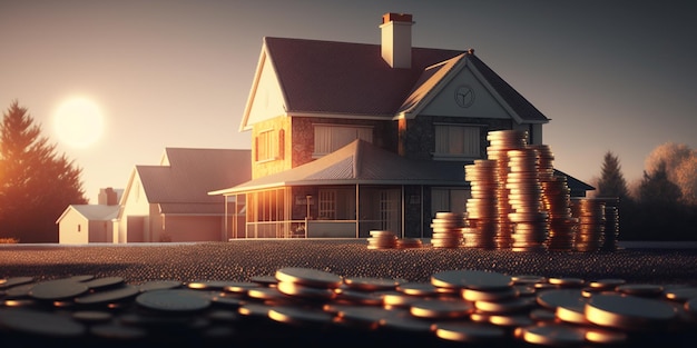 A houses with a lot of coin stack on ground with sunlight