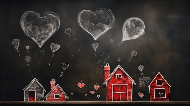 Houses with red roofs and hearts against a chalkboardlike background