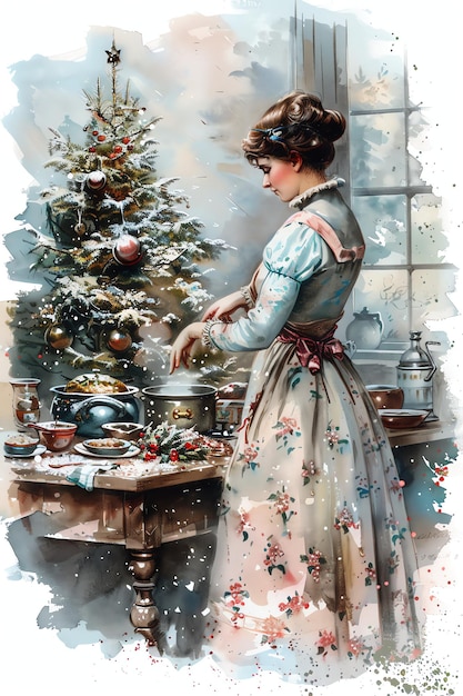 housewife cooking Christmas dinner vintage style junk journal