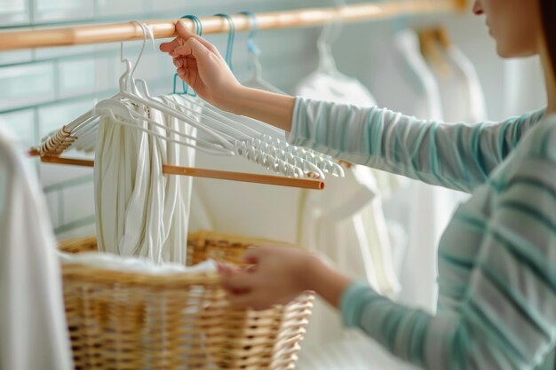 Photo housewife hanging wet clothes on drying rack at home closeup of hands holding laundry basket