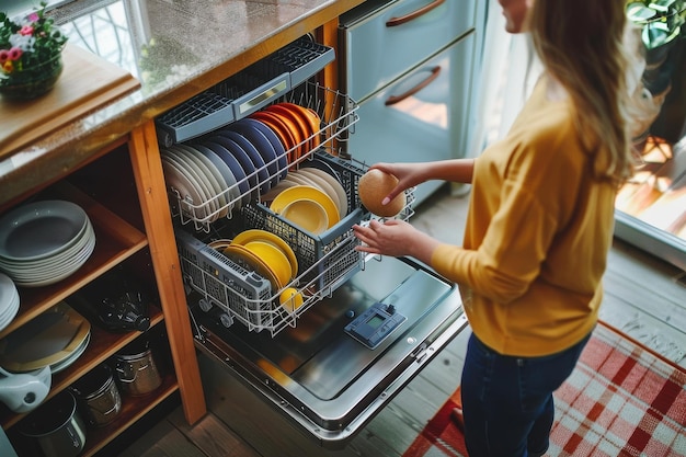 Housewife woman using modern dishwasher for wash dishes at home kitchen Housewife woman using modern