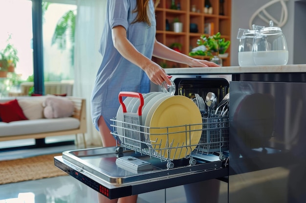 Housewife woman using modern dishwasher for wash dishes at home kitchen Housewife woman using modern