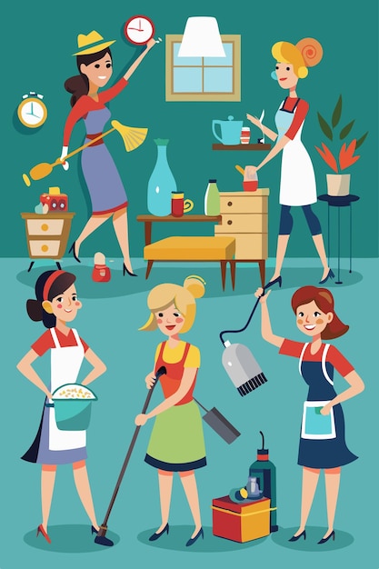 Housewives busy with various housework activities