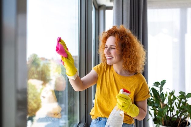 Housework and housekeeping concept happy woman in gloves cleaning window with rag and cleanser spray at home