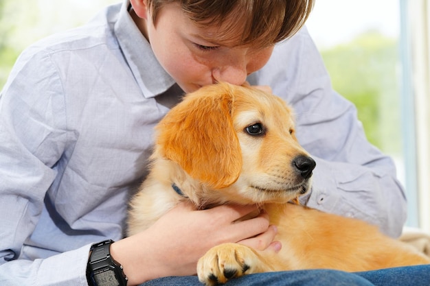 Hovawart golden puppy Young Boy Playing with his Puppy at home