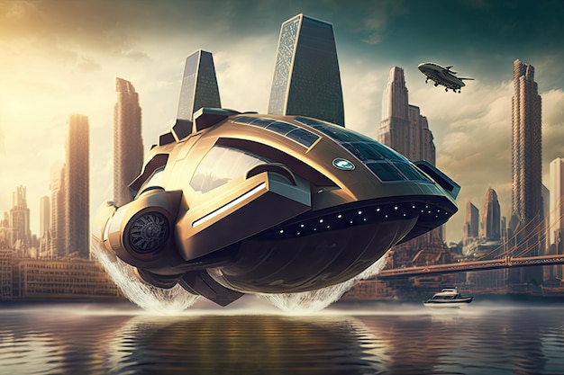 Hovercraft zooming past futuristic cityscape with advanced buildings and technology in view