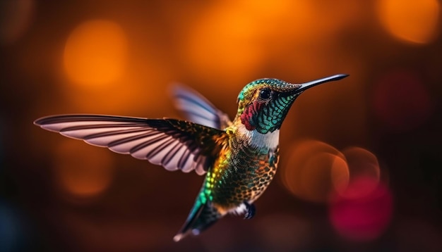 Hovering hummingbird spreads vibrant wings in mid air generated by AI