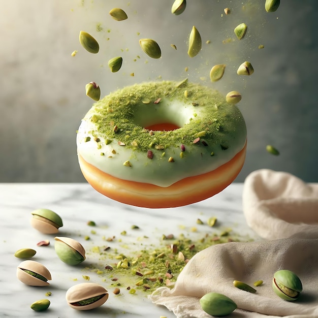 Photo hovering pistachio donut with finely chopped pistachios adding texture over marble countertop