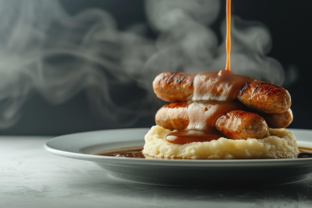 Photo hovering plate of bangers and mash with gravy midair classic dish with culinary elegance