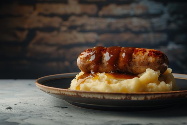 Photo hovering plate of bangers and mash with gravy midair classic dish with culinary elegance