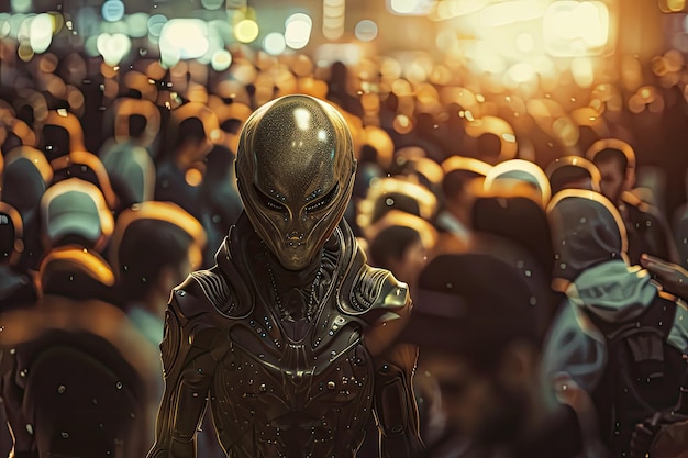 Photo how an alien dressed as a human walks through the crowd