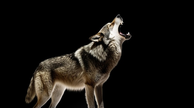 howling gray wolf isolated on dark background AI Generative