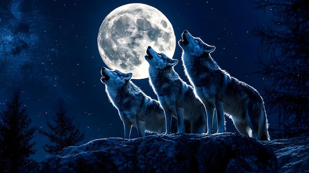 Photo howling wolves under moonlit sky in snowy forest landscape