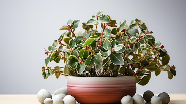 Hoya kerrii house plant in terracotta pot on wooden desk over white