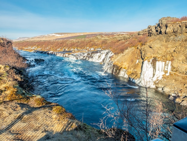 Hraunfossar waterall Lava fall one of unusual beautiful water cliff in Iceland