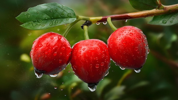 hree red berries with water droplets on a branch