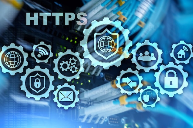 HTTPS Hypertext Transport Protocol Secure Technology Concept on Server Room Background Virtual Icon for network security web service