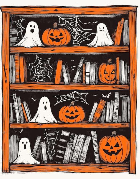 httpssmjrun4m0L0hVV_ag alloween bookshelf with pumpkins spider webs and ghosts in orange black and w