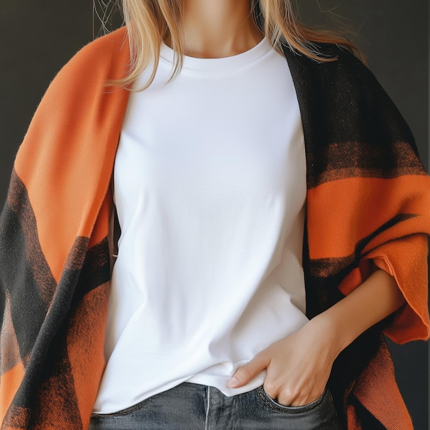 Photo httpssmjrunvtarjyxbauu women wearing blank white tshirt with copy space for your text or design white tshirt mock up with orange black shawl style raw v 61 job id a0b9aee8281b4042929e097174b66d68