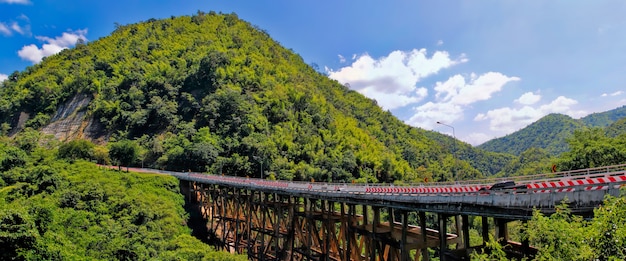 Huai Tong Bridge with mountain on blue sky valley view at Phetchaboon Thailand