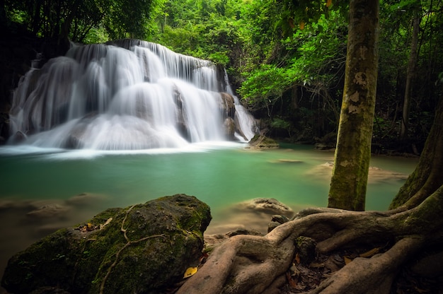 Huay mae khamin waterfall, this cascade is emerald green in Kanchanaburi province, Thailan