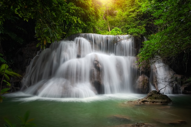 Huay mae khamin waterfall, this cascade is emerald green in Kanchanaburi province, Thailan