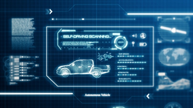 HUD self-driving vehicle pickup truck car specification scanning test user interface on computer screen pixel display panel