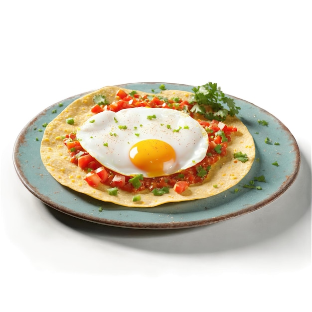 Photo huevos rancheros fried egg on tortilla in glass plate salsa flowing food and culinary concept