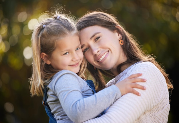 Hug mom or happy child in park for portrait love or bonding together for single parent or care Garden relax or happy mother in nature for support security or safety with smile growth or kid