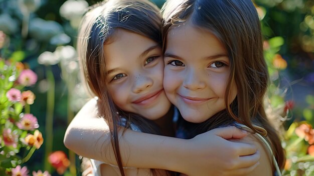 Photo hug nature and portrait of girl siblings bonding hugging and playing together in a park