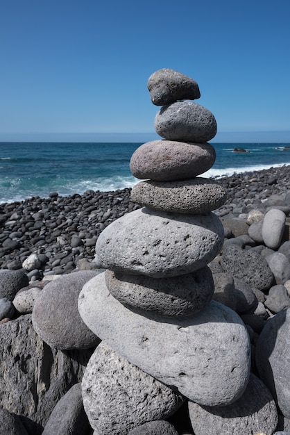 Huge amount of zen stones piled in the beach, Puerto de la Cruz, Tenerife, Spain.