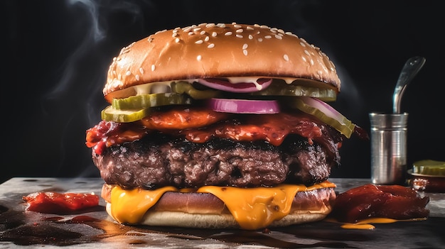 A Huge Beef burger Sandwich with a smokey background