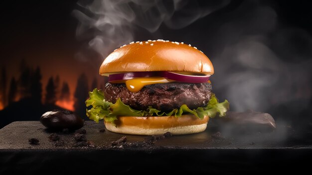 A Huge Beef burger Sandwich with a smokey background