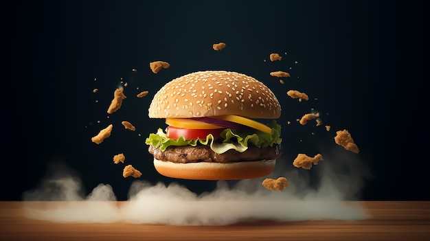 A Huge Beef burger Sandwich with a smokey background