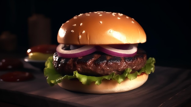 A Huge Beef burger Sandwich with a smokey background